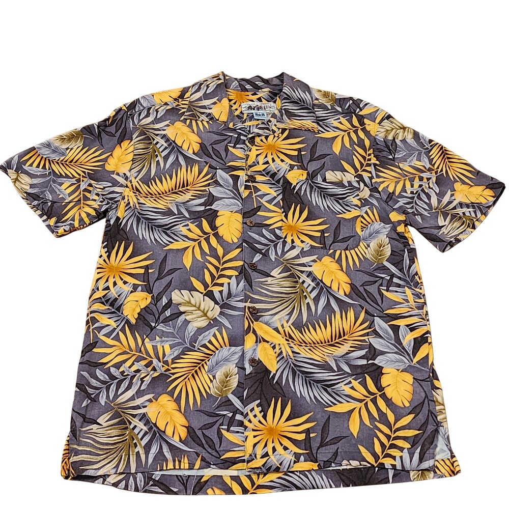 Island 2 Island Shirt Mens Small Gray Yellow Hawaiian Floral Short Sleeve Button